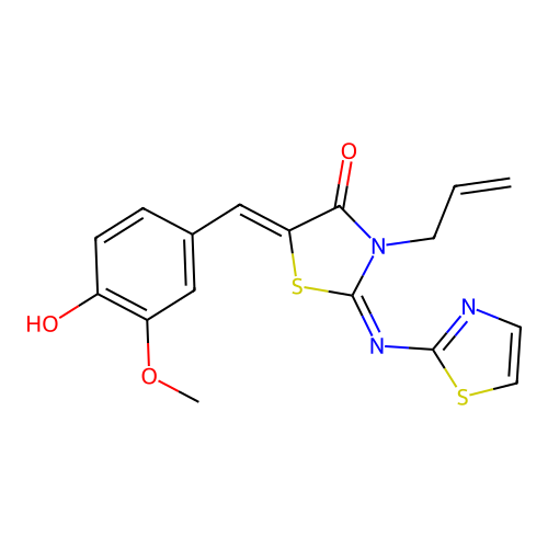 (2E,5Z)-3-allyl-5-(4-hydroxy-3-methoxybenzylidene)-2-(thiazol-2-ylimino)thiazolidin-4-one structure