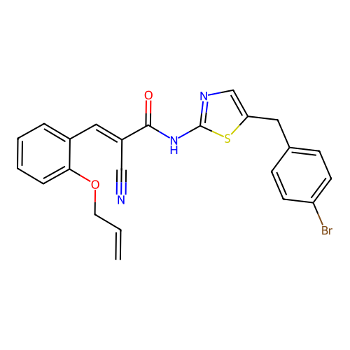 (2E)-N-[5-(4-bromobenzyl)-1,3-thiazol-2-yl]-2-cyano-3-[2-(prop-2-en-1-yloxy)phenyl]prop-2-enamide structure
