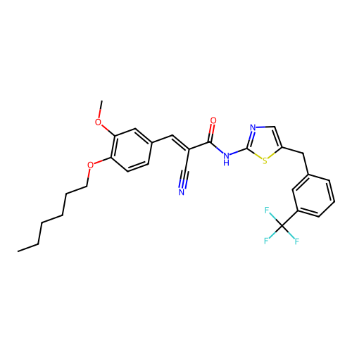 (2E)-2-cyano-3-(4-hexyloxy-3-methoxyphenyl)-N-(5-{[3-(trifluoromethyl)phenyl]m ethyl}(1,3-thiazol-2-yl))prop-2-enamide structure