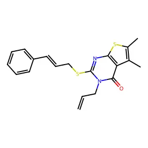 5,6-dimethyl-2-{[(2E)-3-phenylprop-2-en-1-yl]sulfanyl}-3-(prop-2-en-1-yl)thieno[2,3-d]pyrimidin-4(3H)-one structure
