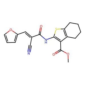 (E)-methyl 2-(2-cyano-3-(furan-2-yl)acrylamido)-4,5,6,7-tetrahydrobenzo[b]thiophene-3-carboxylate structure