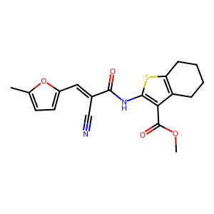 (E)-methyl 2-(2-cyano-3-(5-methylfuran-2-yl)acrylamido)-4,5,6,7-tetrahydrobenzo[b]thiophene-3-carboxylate structure