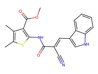 (E)-methyl 2-(2-cyano-3-(1H-indol-3-yl)acrylamido)-4,5-dimethylthiophene-3-carboxylate structure