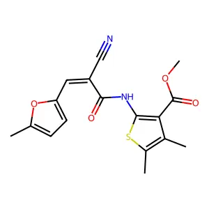 (E)-methyl 2-(2-cyano-3-(5-methylfuran-2-yl)acrylamido)-4,5-dimethylthiophene-3-carboxylate structure
