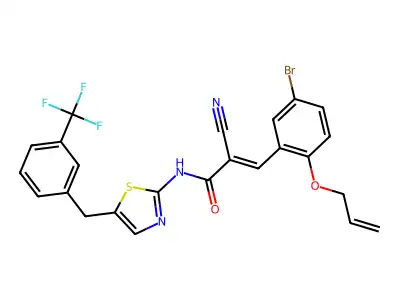 (2E)-3-(5-bromo-2-prop-2-enyloxyphenyl)-2-cyano-N-(5-{[3-(trifluoromethyl)phen yl]methyl}(1,3-thiazol-2-yl))prop-2-enamide structure