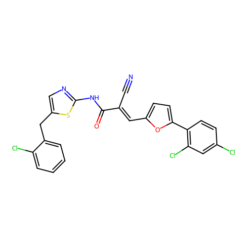(2E)-3-[5-(2,4-dichlorophenyl)(2-furyl)]-N-{5-[(2-chlorophenyl)methyl](1,3-thi azol-2-yl)}-2-cyanoprop-2-enamide structure