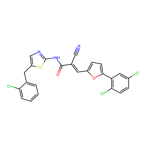 (2E)-N-[5-(2-chlorobenzyl)-1,3-thiazol-2-yl]-2-cyano-3-[5-(2,5-dichlorophenyl)furan-2-yl]prop-2-enamide structure
