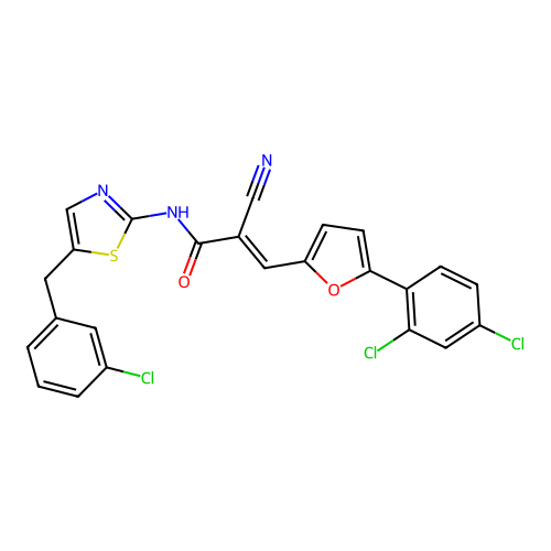 (2E)-N-[5-(3-chlorobenzyl)-1,3-thiazol-2-yl]-2-cyano-3-[5-(2,4-dichlorophenyl)furan-2-yl]prop-2-enamide structure