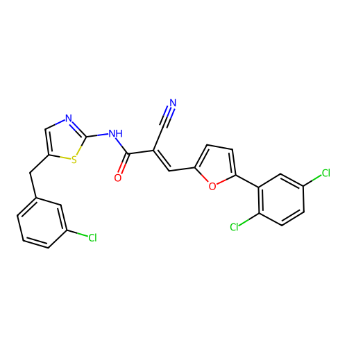 (2E)-3-[5-(2,5-dichlorophenyl)(2-furyl)]-N-{5-[(3-chlorophenyl)methyl](1,3-thi azol-2-yl)}-2-cyanoprop-2-enamide structure