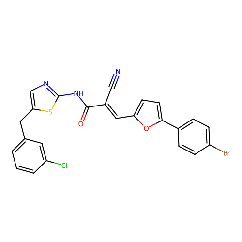 (E)-3-(5-(4-bromophenyl)furan-2-yl)-N-(5-(3-chlorobenzyl)thiazol-2-yl)-2-cyanoacrylamide structure