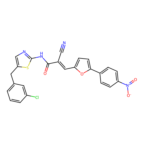 (E)-N-(5-(3-chlorobenzyl)thiazol-2-yl)-2-cyano-3-(5-(4-nitrophenyl)furan-2-yl)acrylamide structure