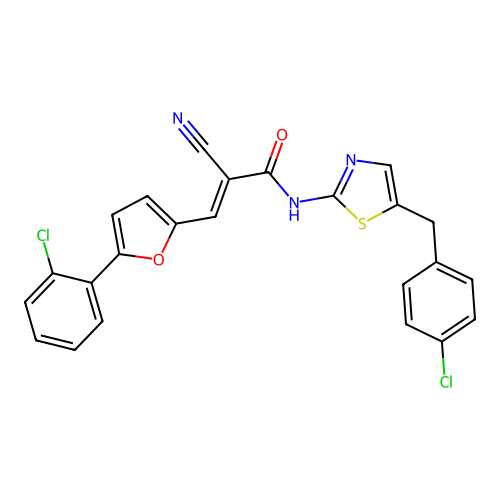 (E)-3-[5-(2-chlorophenyl)furan-2-yl]-N-[5-[(4-chlorophenyl)methyl]-1,3-thiazol-2-yl]-2-cyanoprop-2-enamide structure