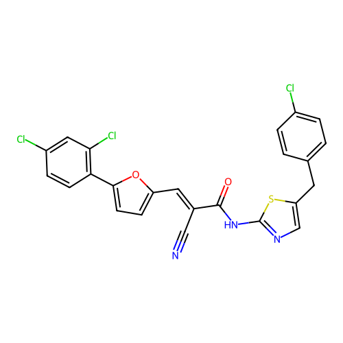 (2E)-3-[5-(2,4-dichlorophenyl)(2-furyl)]-N-{5-[(4-chlorophenyl)methyl](1,3-thi azol-2-yl)}-2-cyanoprop-2-enamide structure