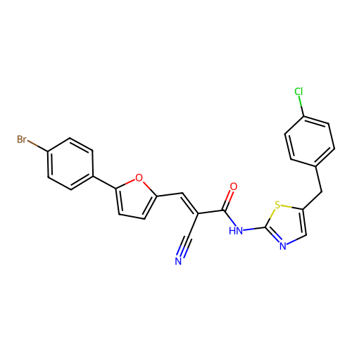 (2E)-3-[5-(4-bromophenyl)furan-2-yl]-N-[5-(4-chlorobenzyl)-1,3-thiazol-2-yl]-2-cyanoprop-2-enamide structure