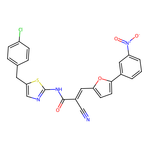 (E)-N-(5-(4-chlorobenzyl)thiazol-2-yl)-2-cyano-3-(5-(3-nitrophenyl)furan-2-yl)acrylamide structure
