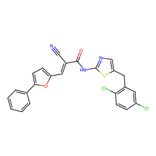 (E)-2-cyano-N-(5-(2,5-dichlorobenzyl)thiazol-2-yl)-3-(5-phenylfuran-2-yl)acrylamide structure