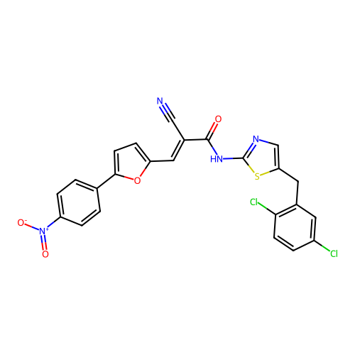 (2E)-2-cyano-N-[5-(2,5-dichlorobenzyl)-1,3-thiazol-2-yl]-3-[5-(4-nitrophenyl)furan-2-yl]prop-2-enamide structure