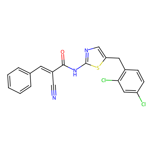 (2E)-2-cyano-N-[5-(2,4-dichlorobenzyl)-1,3-thiazol-2-yl]-3-phenylprop-2-enamide structure