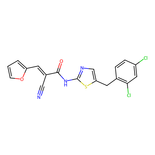 (2E)-2-cyano-N-[5-(2,4-dichlorobenzyl)-1,3-thiazol-2-yl]-3-(furan-2-yl)prop-2-enamide structure