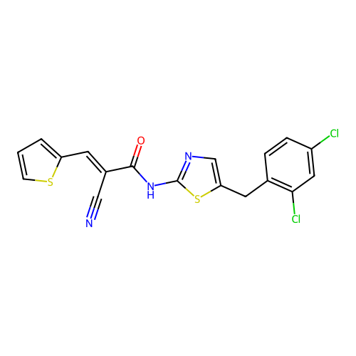 (2E)-2-cyano-N-[5-(2,4-dichlorobenzyl)-1,3-thiazol-2-yl]-3-(thiophen-2-yl)prop-2-enamide structure