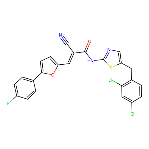 (2E)-2-cyano-N-[5-(2,4-dichlorobenzyl)-1,3-thiazol-2-yl]-3-[5-(4-fluorophenyl)furan-2-yl]prop-2-enamide structure