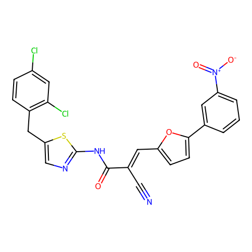 (2E)-2-cyano-N-[5-(2,4-dichlorobenzyl)-1,3-thiazol-2-yl]-3-[5-(3-nitrophenyl)furan-2-yl]prop-2-enamide structure