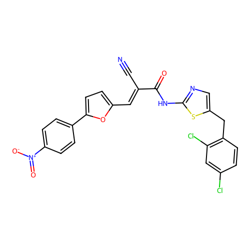 (2E)-2-cyano-N-[5-(2,4-dichlorobenzyl)-1,3-thiazol-2-yl]-3-[5-(4-nitrophenyl)furan-2-yl]prop-2-enamide structure