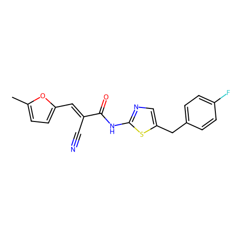 (E)-2-cyano-N-(5-(4-fluorobenzyl)thiazol-2-yl)-3-(5-methylfuran-2-yl)acrylamide structure