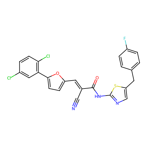(2E)-2-cyano-3-[5-(2,5-dichlorophenyl)furan-2-yl]-N-[5-(4-fluorobenzyl)-1,3-thiazol-2-yl]prop-2-enamide structure