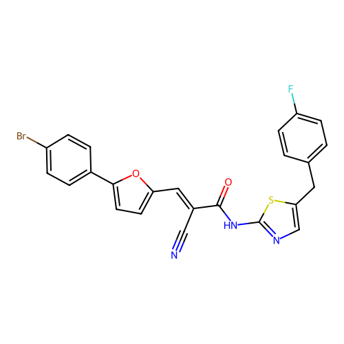 (E)-3-(5-(4-bromophenyl)furan-2-yl)-2-cyano-N-(5-(4-fluorobenzyl)thiazol-2-yl)acrylamide structure