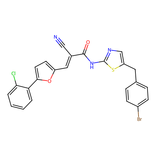 (2E)-N-[5-(4-bromobenzyl)-1,3-thiazol-2-yl]-3-[5-(2-chlorophenyl)furan-2-yl]-2-cyanoprop-2-enamide structure