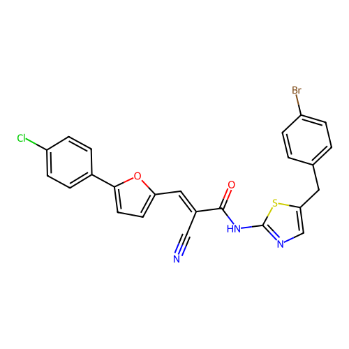 (E)-N-(5-(4-bromobenzyl)thiazol-2-yl)-3-(5-(4-chlorophenyl)furan-2-yl)-2-cyanoacrylamide structure