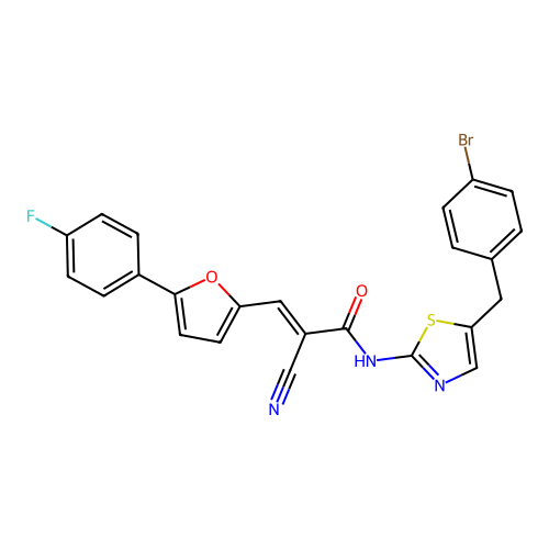 (2E)-N-[5-(4-bromobenzyl)-1,3-thiazol-2-yl]-2-cyano-3-[5-(4-fluorophenyl)furan-2-yl]prop-2-enamide structure