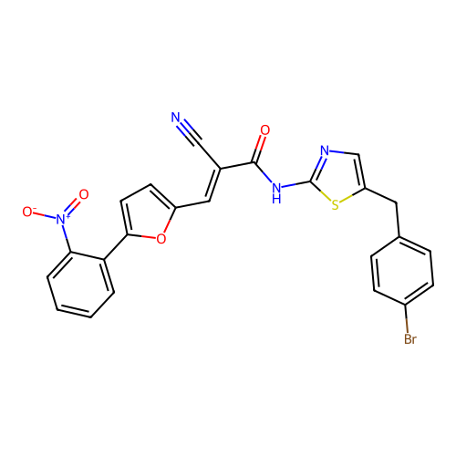 (2E)-N-[5-(4-bromobenzyl)-1,3-thiazol-2-yl]-2-cyano-3-[5-(2-nitrophenyl)furan-2-yl]prop-2-enamide structure