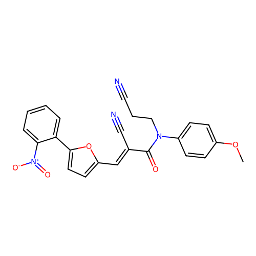 (2E)-2-cyano-N-(2-cyanoethyl)-N-(4-methoxyphenyl)-3-[5-(2-nitrophenyl)(2-furyl )]prop-2-enamide structure