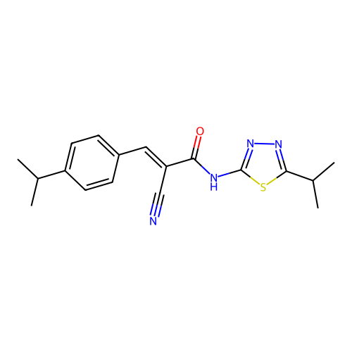 (E)-2-cyano-N-(5-isopropyl-1,3,4-thiadiazol-2-yl)-3-(4-isopropylphenyl)acrylamide structure