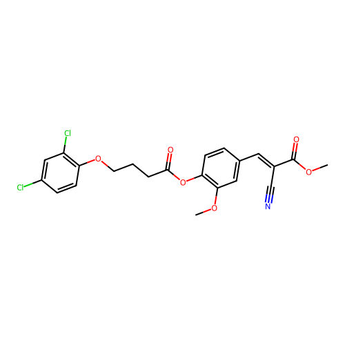 (E)-4-(2-cyano-3-methoxy-3-oxoprop-1-en-1-yl)-2-methoxyphenyl 4-(2,4-dichlorophenoxy)butanoate structure