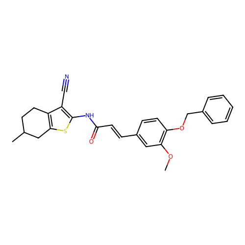 (2E)-3-[4-(benzyloxy)-3-methoxyphenyl]-N-(3-cyano-6-methyl-4,5,6,7-tetrahydro-1-benzothiophen-2-yl)prop-2-enamide structure