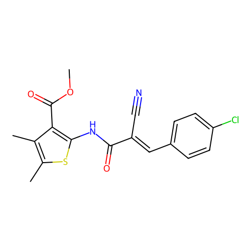 (E)-methyl 2-(3-(4-chlorophenyl)-2-cyanoacrylamido)-4,5-dimethylthiophene-3-carboxylate structure