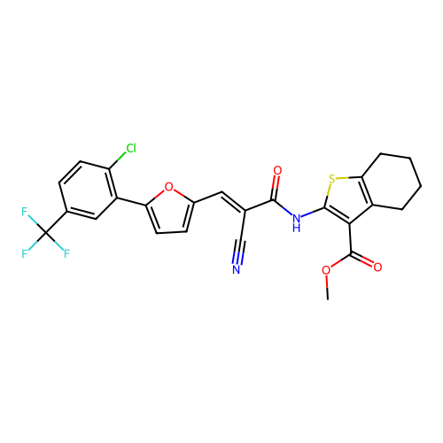 methyl 2-[[(E)-3-[5-[2-chloro-5-(trifluoromethyl)phenyl]furan-2-yl]-2-cyanoprop-2-enoyl]amino]-4,5,6,7-tetrahydro-1-benzothiophene-3-carboxylate structure