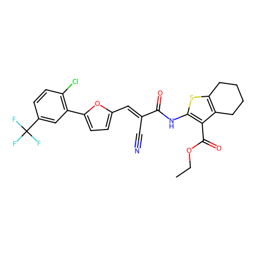 ethyl 2-[[(E)-3-[5-[2-chloro-5-(trifluoromethyl)phenyl]furan-2-yl]-2-cyanoprop-2-enoyl]amino]-4,5,6,7-tetrahydro-1-benzothiophene-3-carboxylate structure