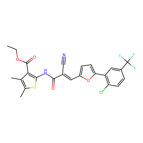 ethyl 2-[[(E)-3-[5-[2-chloro-5-(trifluoromethyl)phenyl]furan-2-yl]-2-cyanoprop-2-enoyl]amino]-4,5-dimethylthiophene-3-carboxylate structure