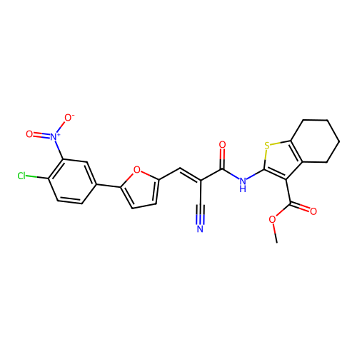 methyl 2-({(2E)-3-[5-(4-chloro-3-nitrophenyl)furan-2-yl]-2-cyanoprop-2-enoyl}amino)-4,5,6,7-tetrahydro-1-benzothiophene-3-carboxylate structure