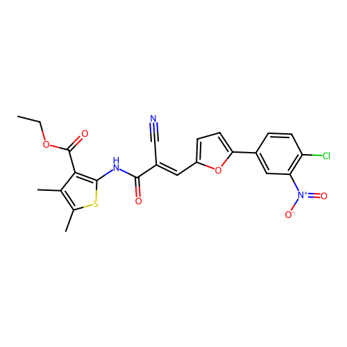ethyl 2-({(2E)-3-[5-(4-chloro-3-nitrophenyl)furan-2-yl]-2-cyanoprop-2-enoyl}amino)-4,5-dimethylthiophene-3-carboxylate structure