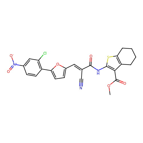 methyl 2-[[(E)-3-[5-(2-chloro-4-nitrophenyl)furan-2-yl]-2-cyanoprop-2-enoyl]amino]-4,5,6,7-tetrahydro-1-benzothiophene-3-carboxylate structure