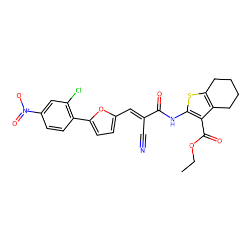 ethyl 2-[[(E)-3-[5-(2-chloro-4-nitrophenyl)furan-2-yl]-2-cyanoprop-2-enoyl]amino]-4,5,6,7-tetrahydro-1-benzothiophene-3-carboxylate structure