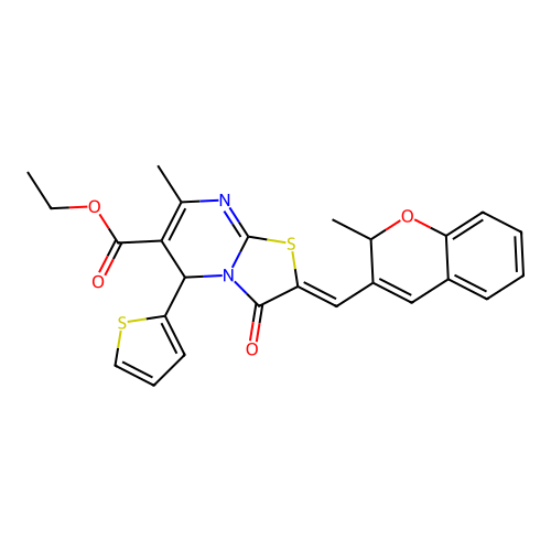 ethyl 7-methyl-2-[(Z)-1-(2-methyl-2H-chromen-3-yl)methylidene]-3-oxo-5-(2-thienyl)-5H-[1,3]thiazolo[3,2-a]pyrimidine-6(3H)-carboxylate structure