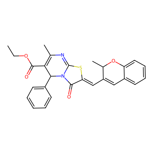 ethyl 7-methyl-2-[(Z)-1-(2-methyl-2H-chromen-3-yl)methylidene]-3-oxo-5-phenyl-5H-[1,3]thiazolo[3,2-a]pyrimidine-6(3H)-carboxylate structure