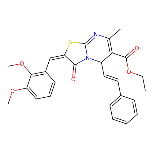 ethyl (2E)-2-(2,3-dimethoxybenzylidene)-7-methyl-3-oxo-5-[(E)-2-phenylethenyl]-2,3-dihydro-5H-[1,3]thiazolo[3,2-a]pyrimidine-6-carboxylate structure