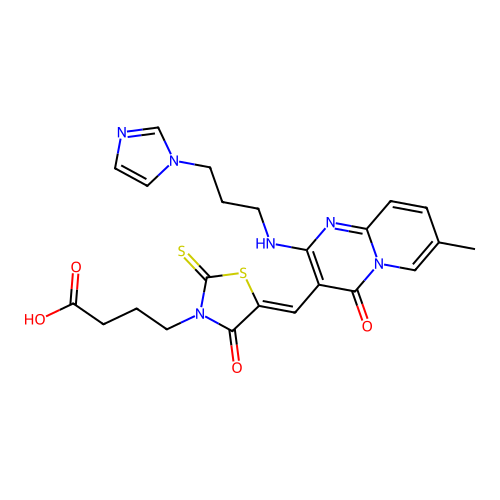 4-(5-((2-((3-(1H-Imidazol-1-yl)propyl)amino)-7-methyl-4-oxo-4H-pyrido[1,2-a]pyrimidin-3-yl)methylene)-4-oxo-2-thioxothiazolidin-3-yl)butanoic acid structure